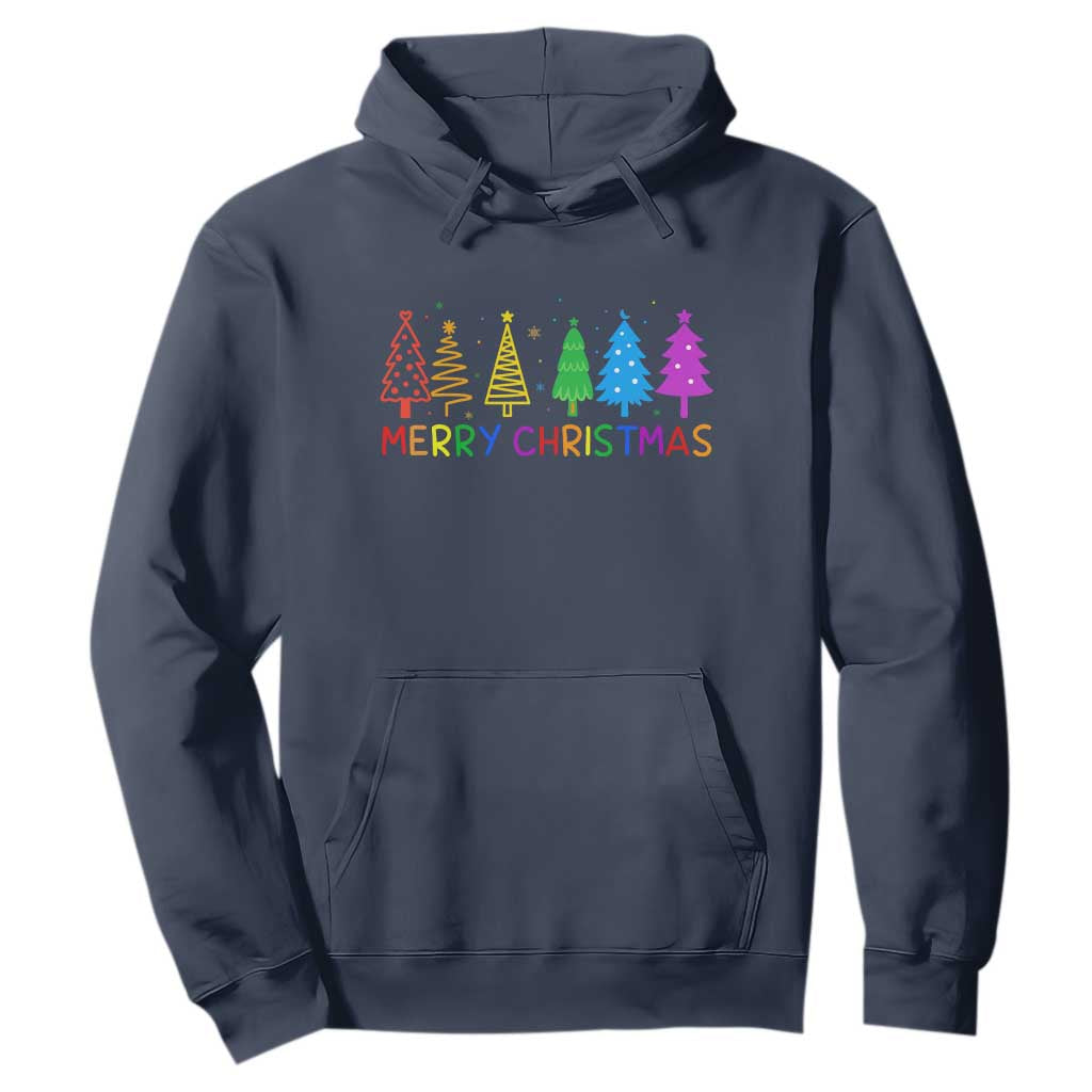 Colorful Rainbow Christmas Trees Hoodie Merry Xmas Fun Festive Holiday Pride Gift TS02 Navy Print Your Wear