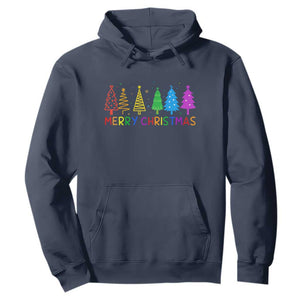 Colorful Rainbow Christmas Trees Hoodie Merry Xmas Fun Festive Holiday Pride Gift TS02 Navy Print Your Wear