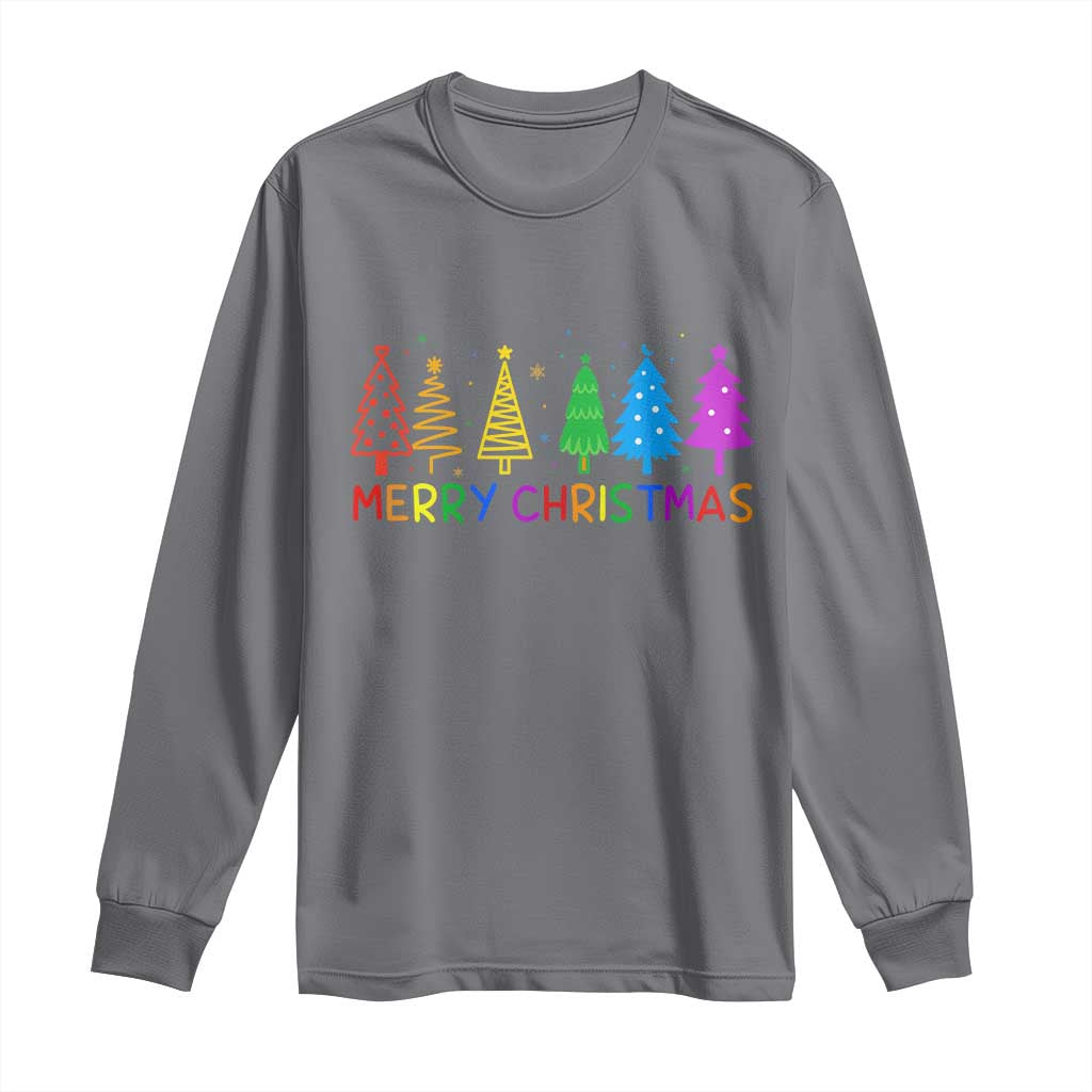 Colorful Rainbow Christmas Trees Long Sleeve Shirt Merry Xmas Fun Festive Holiday Pride Gift TS02 Charcoal Print Your Wear
