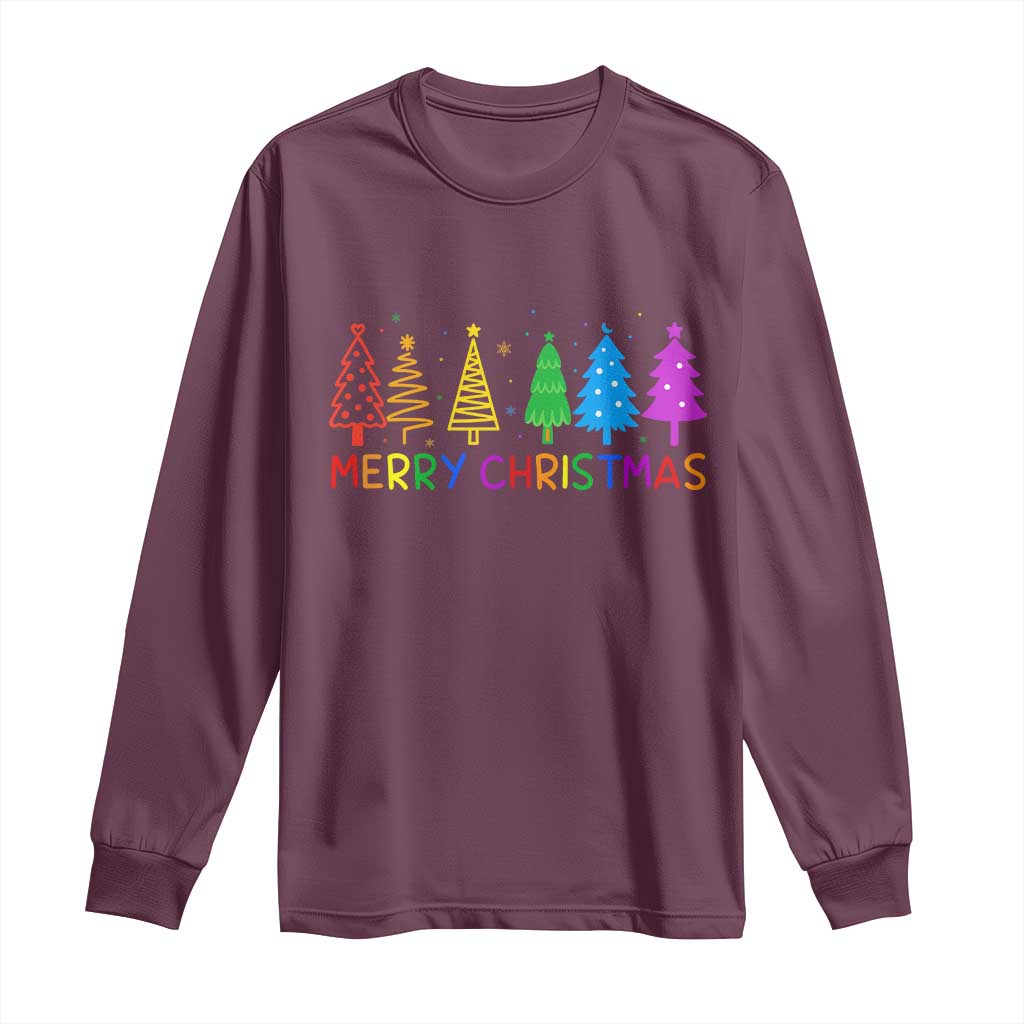 Colorful Rainbow Christmas Trees Long Sleeve Shirt Merry Xmas Fun Festive Holiday Pride Gift TS02 Maroon Print Your Wear