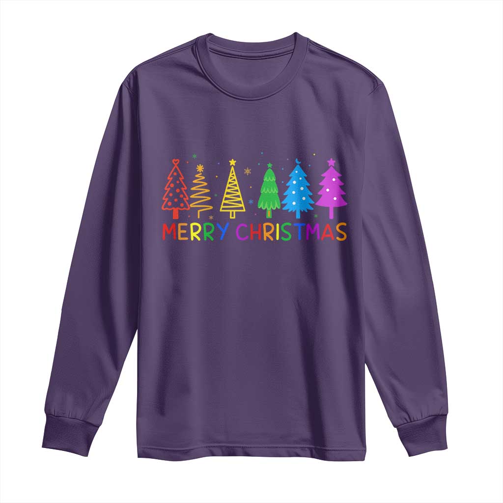 Colorful Rainbow Christmas Trees Long Sleeve Shirt Merry Xmas Fun Festive Holiday Pride Gift TS02 Purple Print Your Wear
