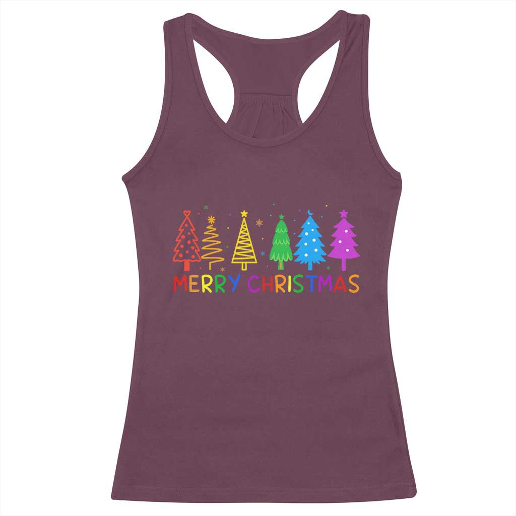 Colorful Rainbow Christmas Trees Racerback Tank Top Merry Xmas Fun Festive Holiday Pride Gift TS02 Maroon Print Your Wear