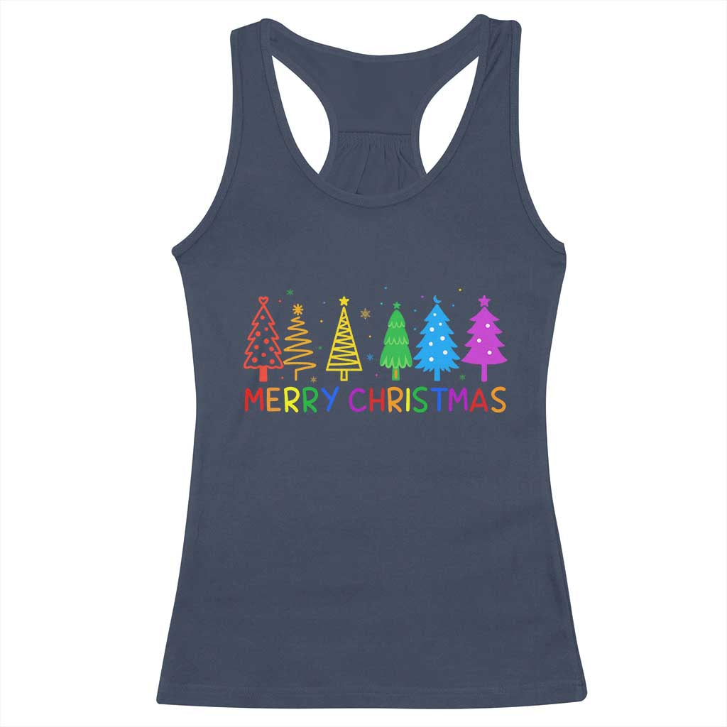 Colorful Rainbow Christmas Trees Racerback Tank Top Merry Xmas Fun Festive Holiday Pride Gift TS02 Navy Print Your Wear