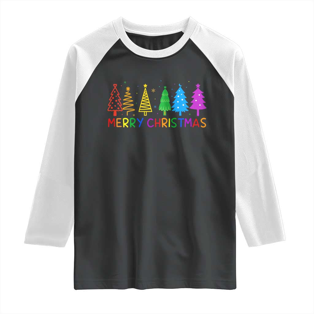 Colorful Rainbow Christmas Trees Raglan Shirt Merry Xmas Fun Festive Holiday Pride Gift TS02 Black White Print Your Wear