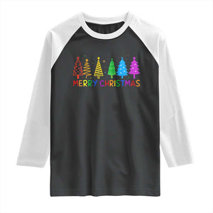 Colorful Rainbow Christmas Trees Raglan Shirt Merry Xmas Fun Festive Holiday Pride Gift TS02 Black White Print Your Wear