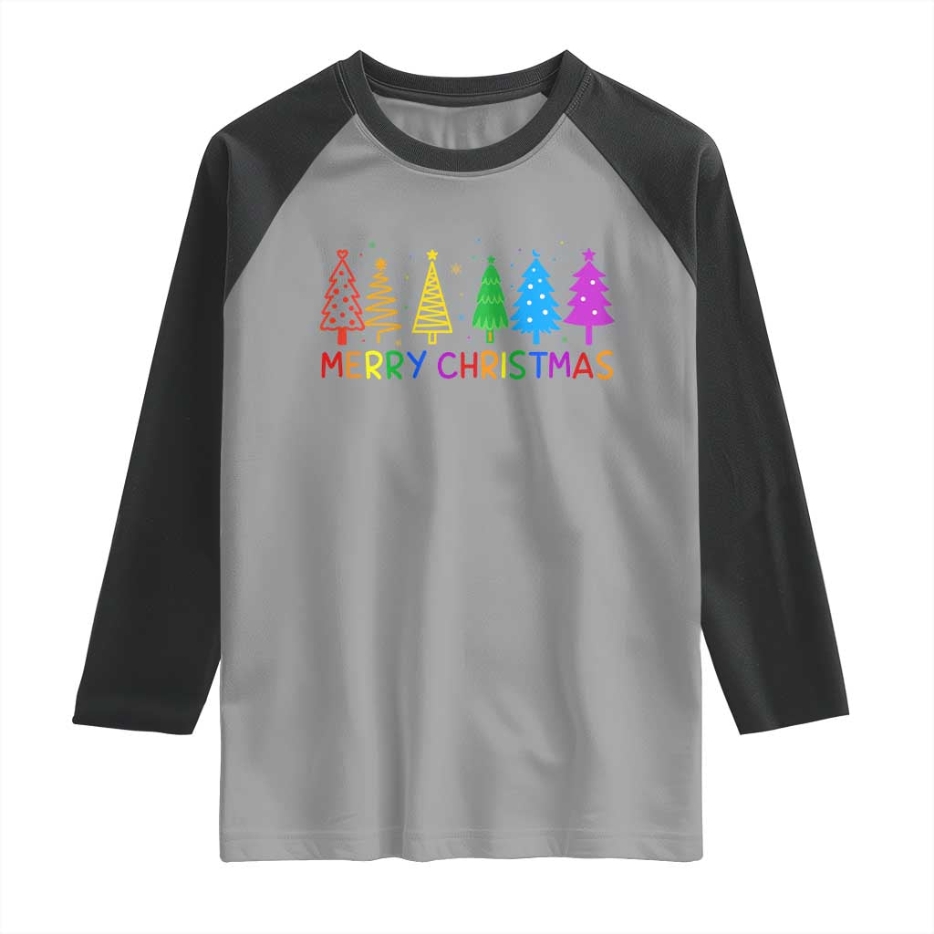 Colorful Rainbow Christmas Trees Raglan Shirt Merry Xmas Fun Festive Holiday Pride Gift TS02 Sport Gray Black Print Your Wear