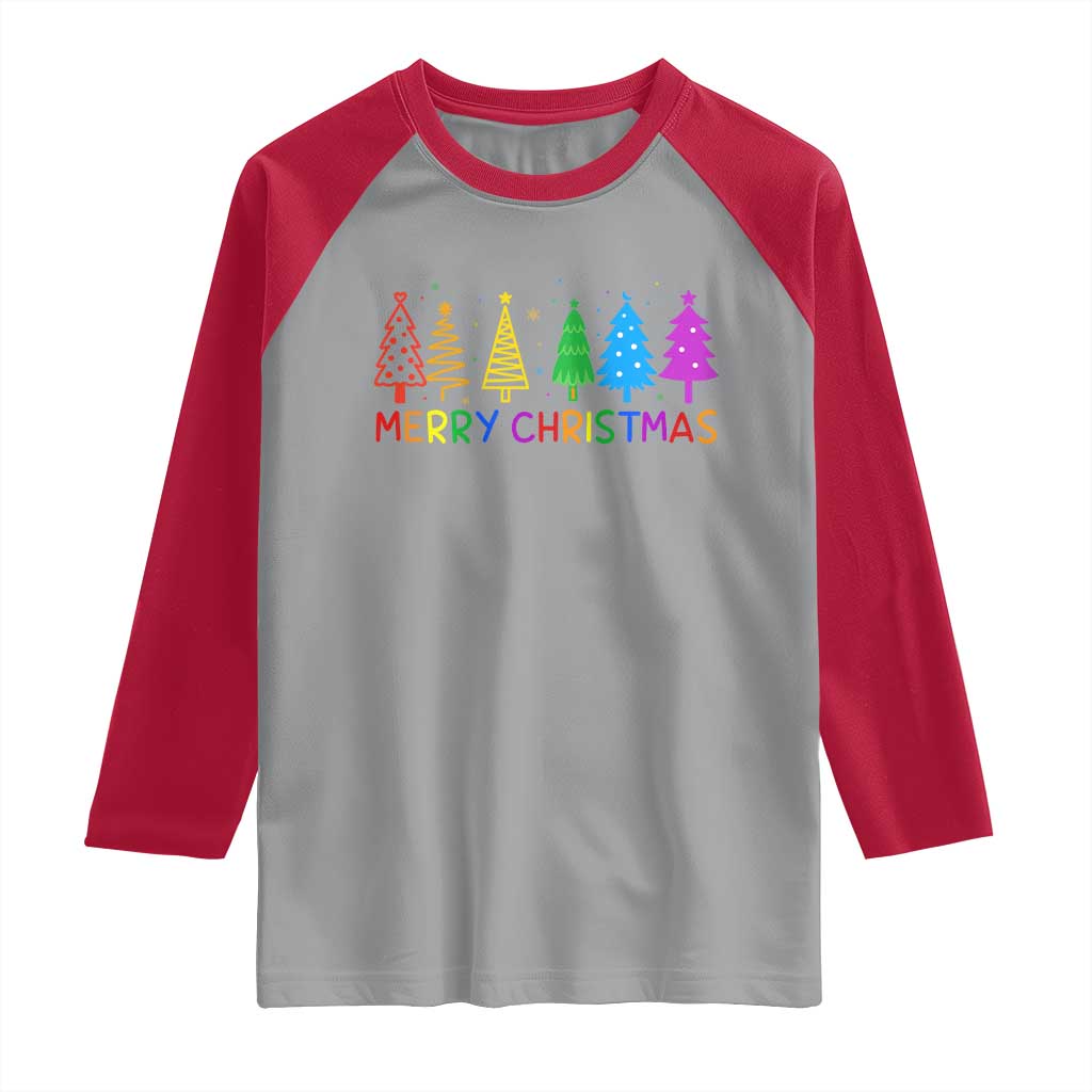 Colorful Rainbow Christmas Trees Raglan Shirt Merry Xmas Fun Festive Holiday Pride Gift TS02 Sport Gray Red Print Your Wear