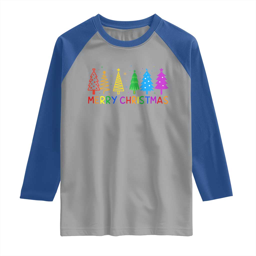 Colorful Rainbow Christmas Trees Raglan Shirt Merry Xmas Fun Festive Holiday Pride Gift TS02 Sport Gray Royal Print Your Wear