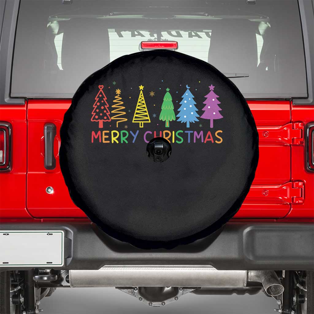 Colorful Rainbow Christmas Trees Spare Tire Cover Merry Xmas Fun Festive Holiday Pride Gift TS02 Black Print Your Wear
