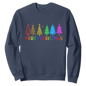 Colorful Rainbow Christmas Trees Sweatshirt Merry Xmas Fun Festive Holiday Pride Gift TS02 Navy Print Your Wear