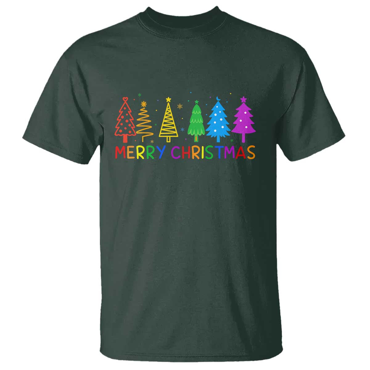Colorful Rainbow Christmas Trees T Shirt Merry Xmas Fun Festive Holiday Pride Gift TS02 Dark Forest Green Print Your Wear