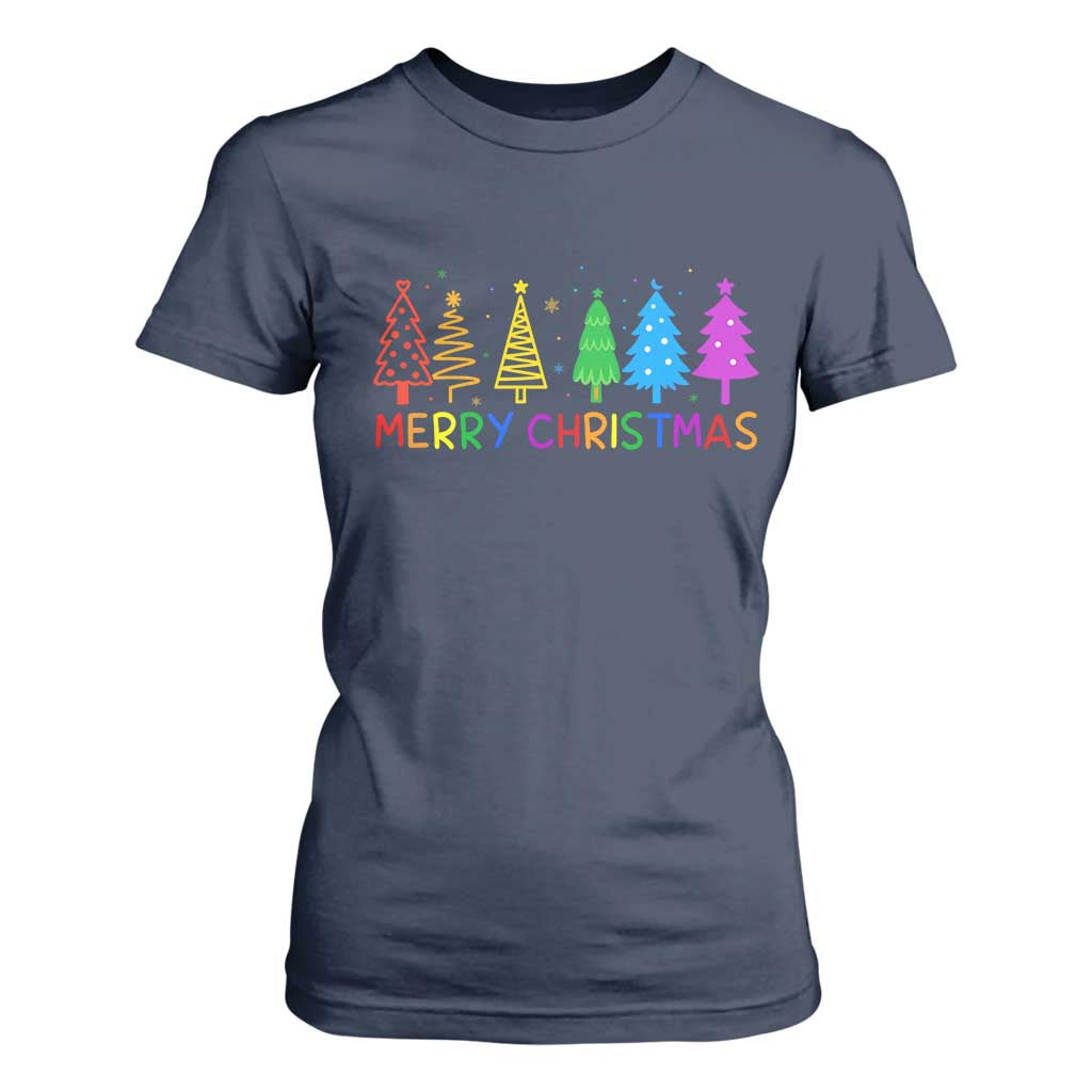 Colorful Rainbow Christmas Trees T Shirt For Women Merry Xmas Fun Festive Holiday Pride Gift TS02 Navy Print Your Wear