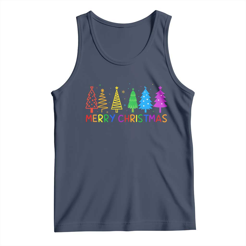 Colorful Rainbow Christmas Trees Tank Top Merry Xmas Fun Festive Holiday Pride Gift TS02 Navy Print Your Wear