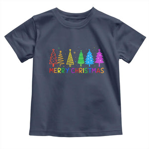 Colorful Rainbow Christmas Trees Toddler T Shirt Merry Xmas Fun Festive Holiday Pride Gift TS02 Navy Print Your Wear