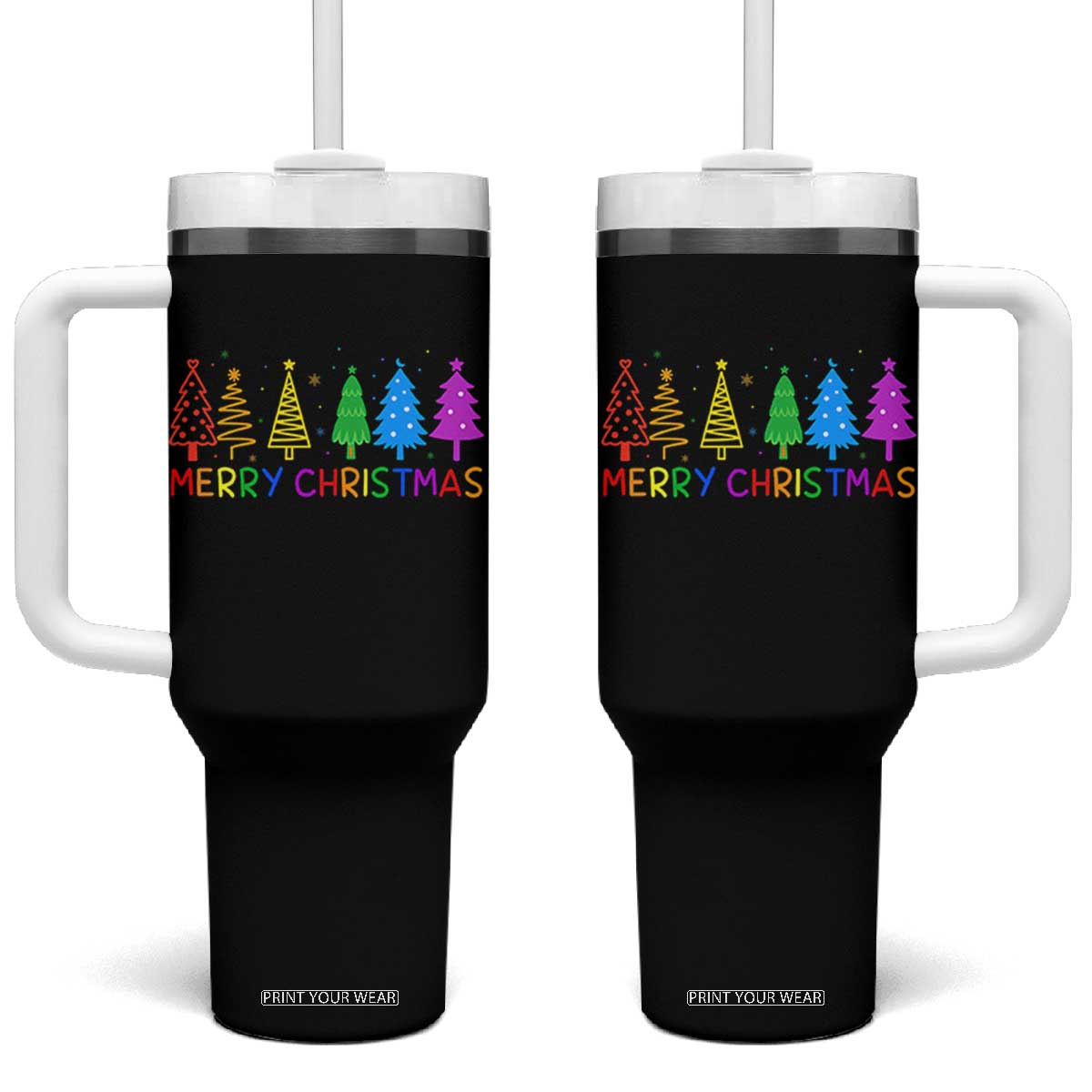 Colorful Rainbow Christmas Trees Tumbler With Handle Merry Xmas Fun Festive Holiday Pride Gift TS02 One Size: 40 oz Black Print Your Wear