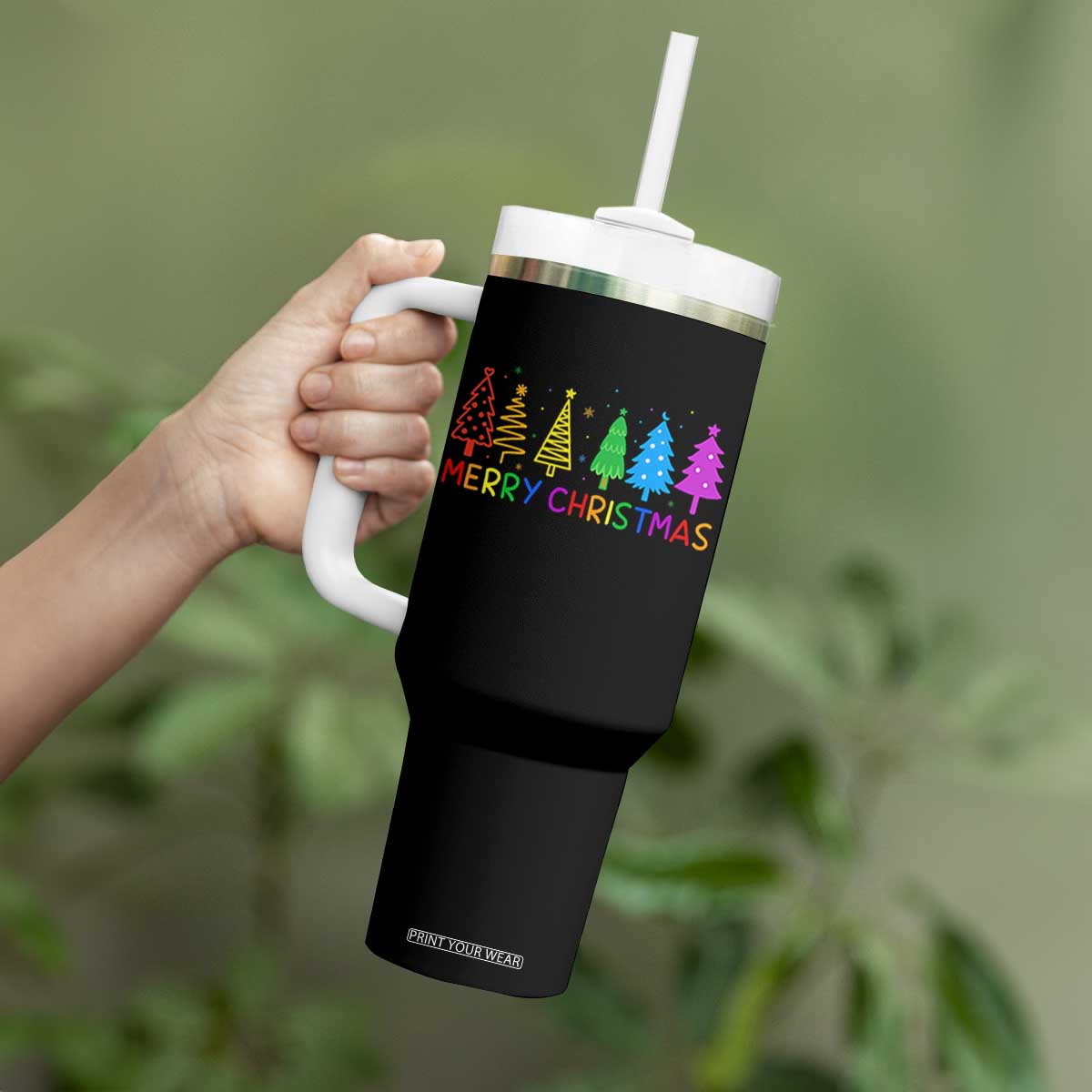 Colorful Rainbow Christmas Trees Tumbler With Handle Merry Xmas Fun Festive Holiday Pride Gift TS02 Print Your Wear