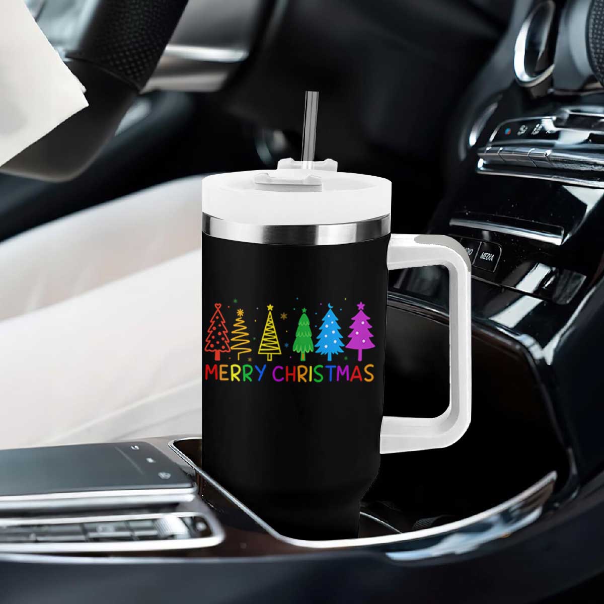 Colorful Rainbow Christmas Trees Tumbler With Handle Merry Xmas Fun Festive Holiday Pride Gift TS02 Print Your Wear