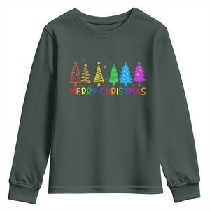 Colorful Rainbow Christmas Trees Youth Sweatshirt Merry Xmas Fun Festive Holiday Pride Gift TS02 Dark Forest Green Print Your Wear