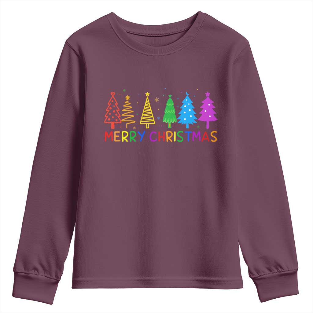 Colorful Rainbow Christmas Trees Youth Sweatshirt Merry Xmas Fun Festive Holiday Pride Gift TS02 Maroon Print Your Wear