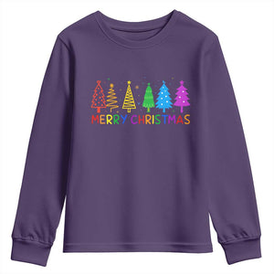 Colorful Rainbow Christmas Trees Youth Sweatshirt Merry Xmas Fun Festive Holiday Pride Gift TS02 Purple Print Your Wear