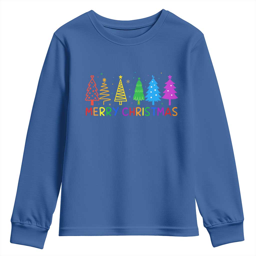 Colorful Rainbow Christmas Trees Youth Sweatshirt Merry Xmas Fun Festive Holiday Pride Gift TS02 Royal Blue Print Your Wear