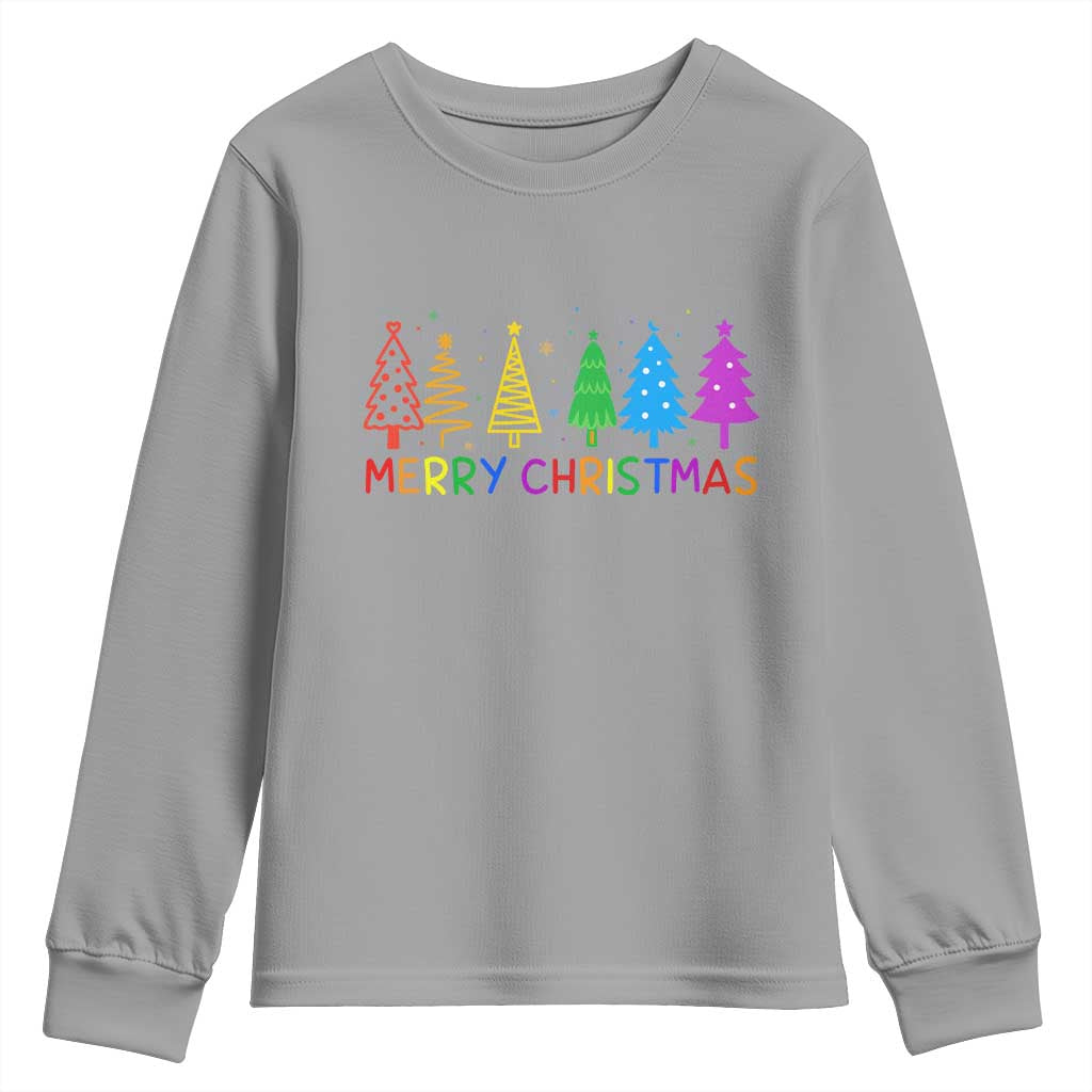 Colorful Rainbow Christmas Trees Youth Sweatshirt Merry Xmas Fun Festive Holiday Pride Gift TS02 Sport Gray Print Your Wear