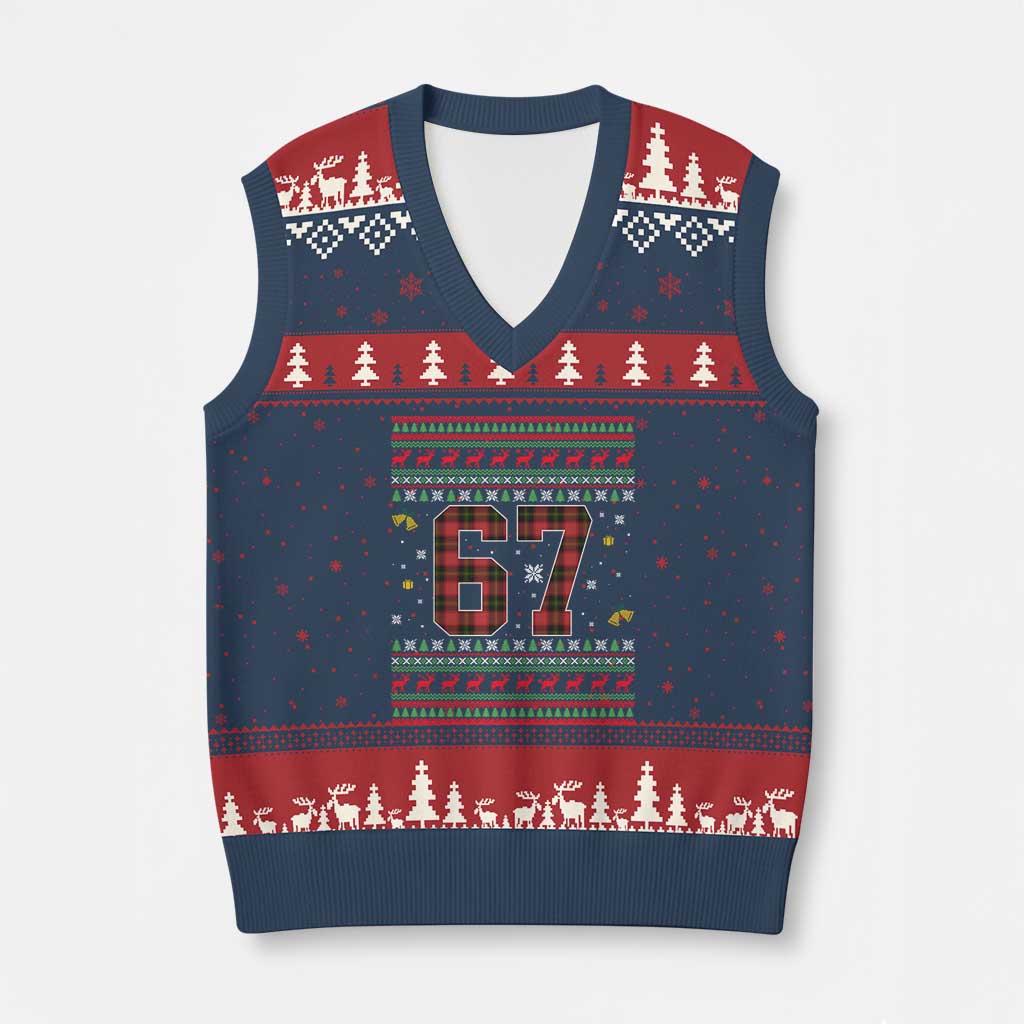 67 Xmas Red Plaid V-Neck Knit Sweater Vest Funny Six Seven Meme Holiday Vibes Graphic TS02 Navy Red Print Your Wear