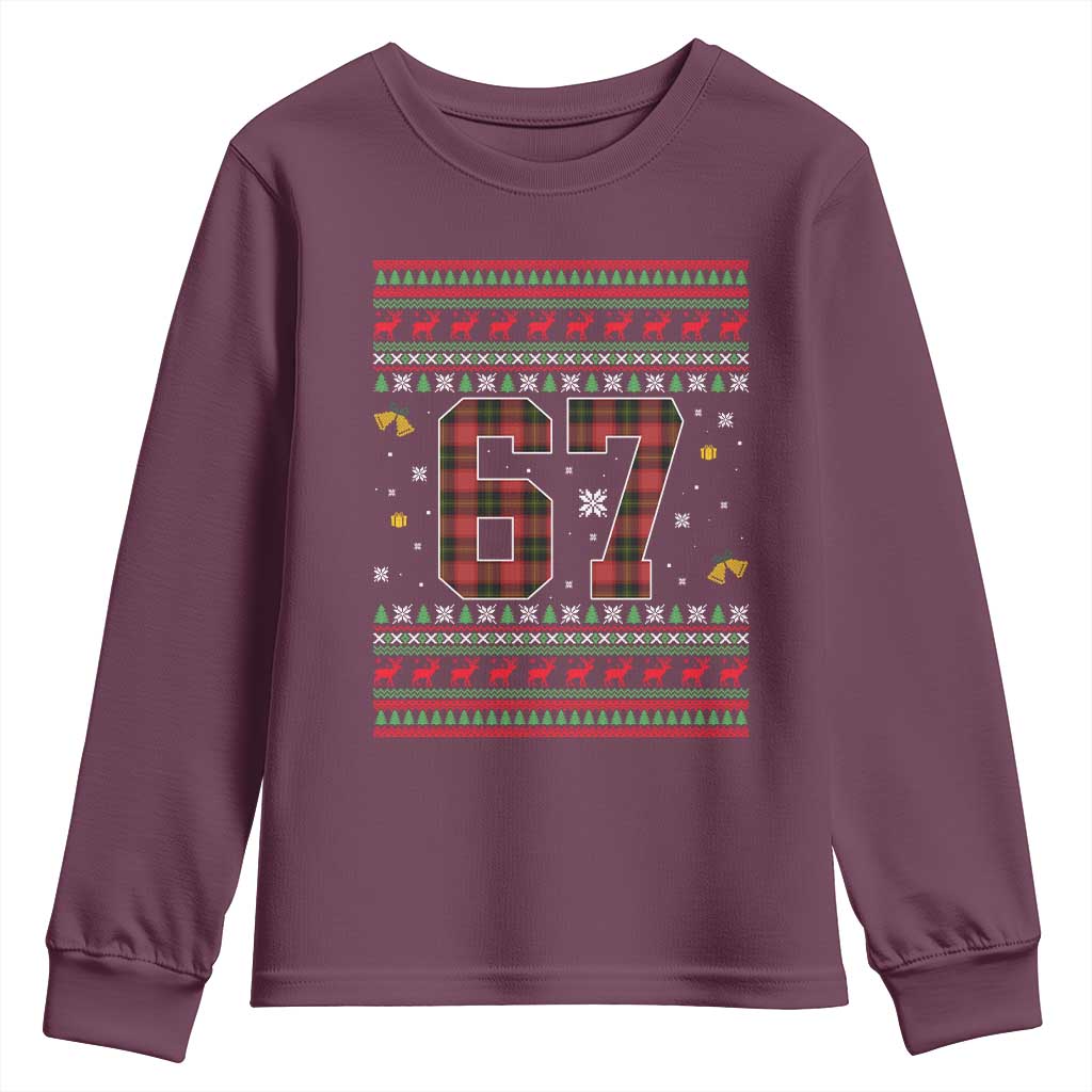 67 Christmas Red Plaid Youth Sweatshirt Funny Six Seven Meme Holiday Vibes Graphic TS02 Maroon Print Your Wear