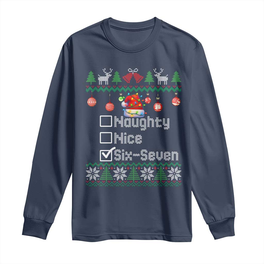 Funny 67 Christmas Checklist Long Sleeve Shirt Naughty Nice Six Seven Meme Holiday TS02 Navy Print Your Wear