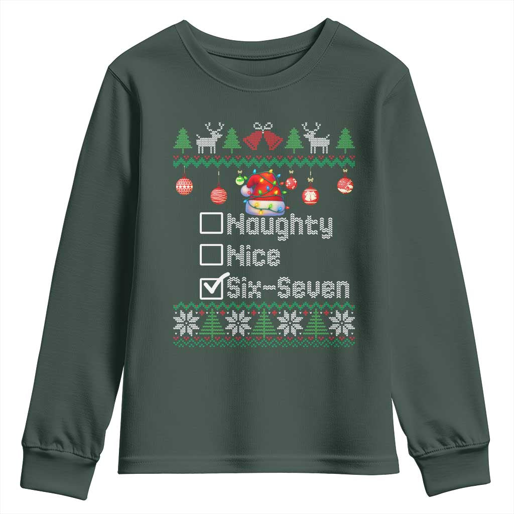 Funny 67 Christmas Checklist Youth Sweatshirt Naughty Nice Six Seven Meme Holiday TS02 Dark Forest Green Print Your Wear