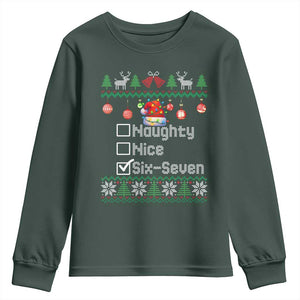 Funny 67 Christmas Checklist Youth Sweatshirt Naughty Nice Six Seven Meme Holiday TS02 Dark Forest Green Print Your Wear