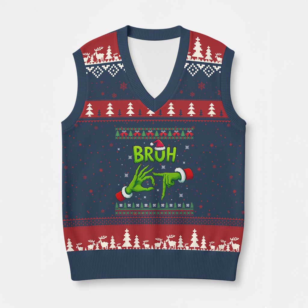 Xmas Bruh 67 Green Hands Meme V-Neck Knit Sweater Vest Funny Six Seven Meme Holiday Ugly Sweater TS02 Navy Red Print Your Wear