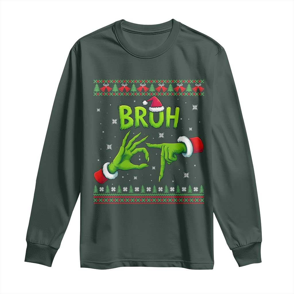 Christmas Bruh 67 Green Hands Meme Long Sleeve Shirt Funny Six Seven Meme Holiday Ugly Sweater TS02 Dark Forest Green Print Your Wear