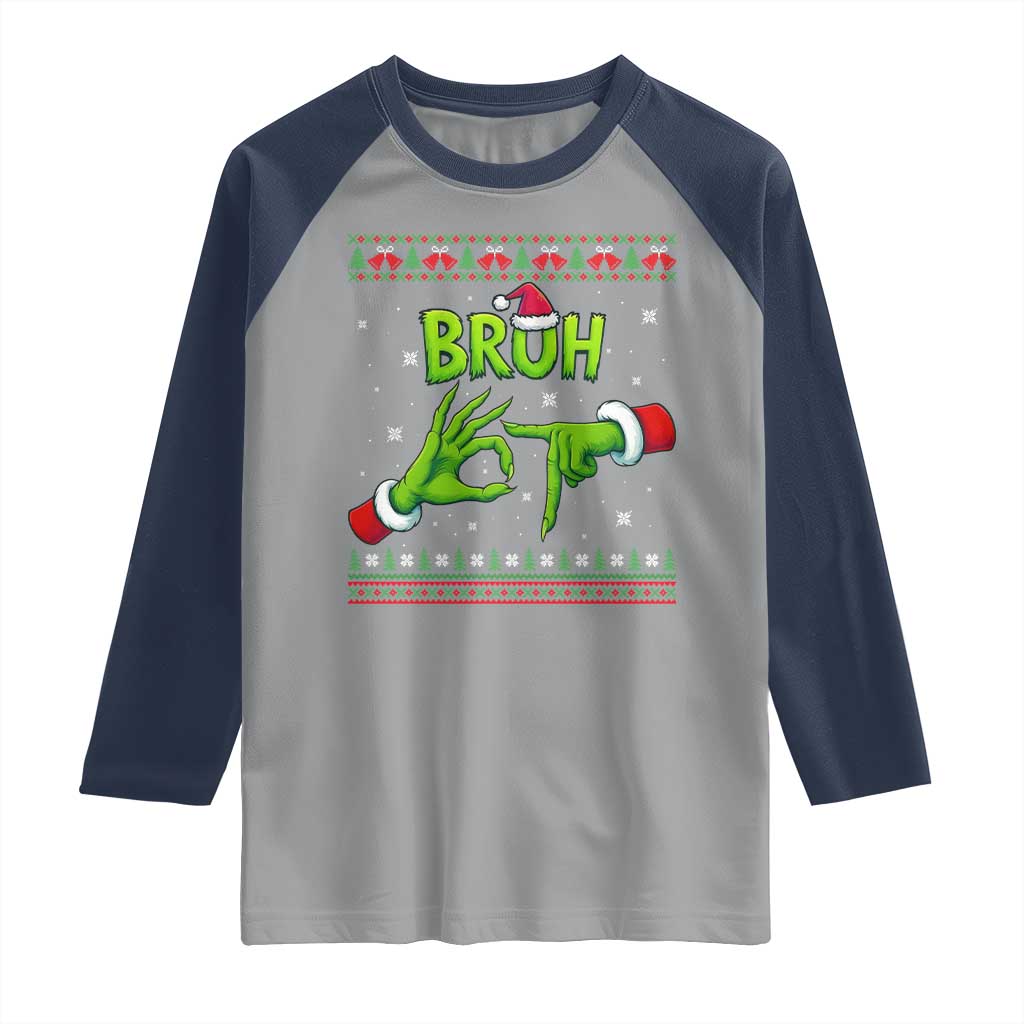 Christmas Bruh 67 Green Hands Meme Raglan Shirt Funny Six Seven Meme Holiday Ugly Sweater TS02 Sport Gray Navy Print Your Wear