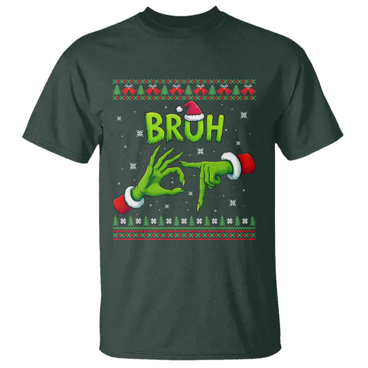 Christmas Bruh 67 Green Hands Meme T Shirt Funny Six Seven Meme Holiday Ugly Sweater TS02 Dark Forest Green Print Your Wear
