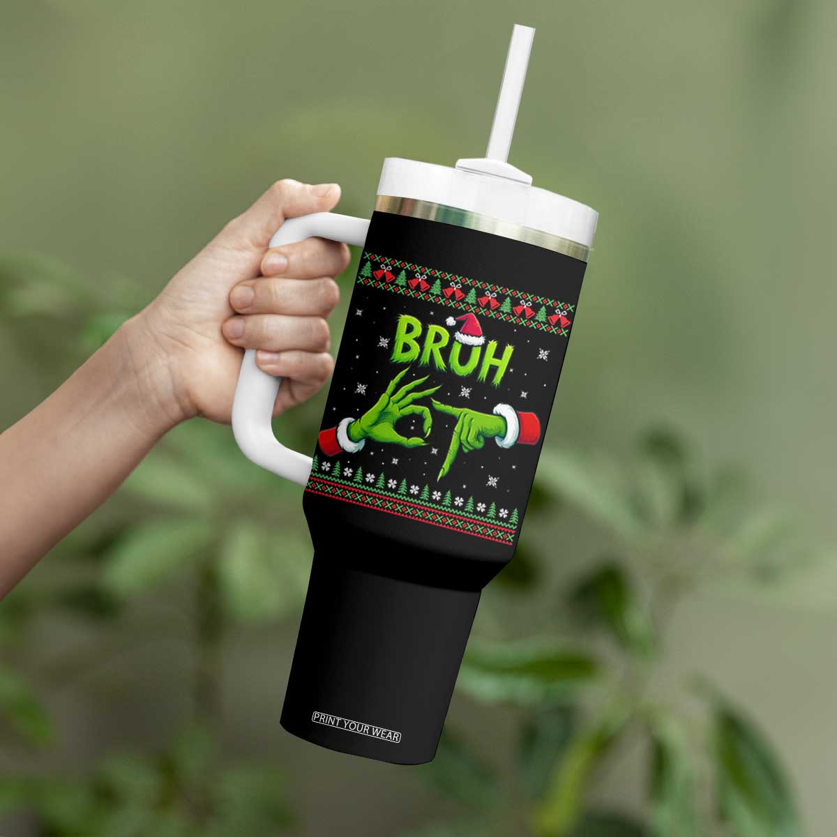 Christmas Bruh 67 Green Hands Meme Tumbler With Handle Funny Six Seven Meme Holiday Ugly Sweater TS02 Print Your Wear