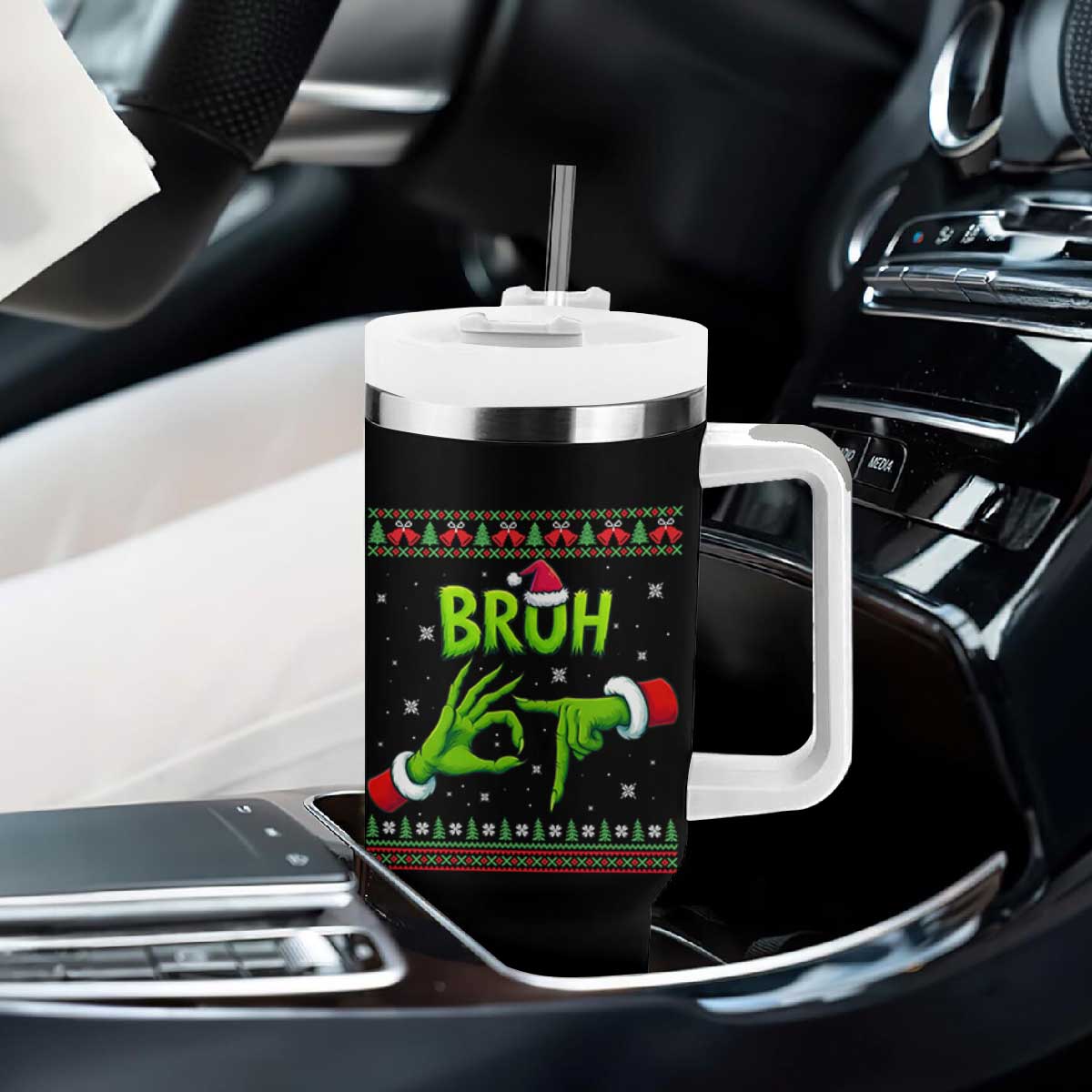 Christmas Bruh 67 Green Hands Meme Tumbler With Handle Funny Six Seven Meme Holiday Ugly Sweater TS02 Print Your Wear