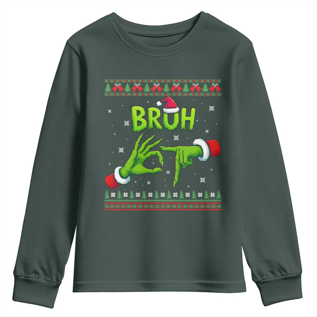 Christmas Bruh 67 Green Hands Meme Youth Sweatshirt Funny Six Seven Meme Holiday Ugly Sweater TS02 Dark Forest Green Print Your Wear