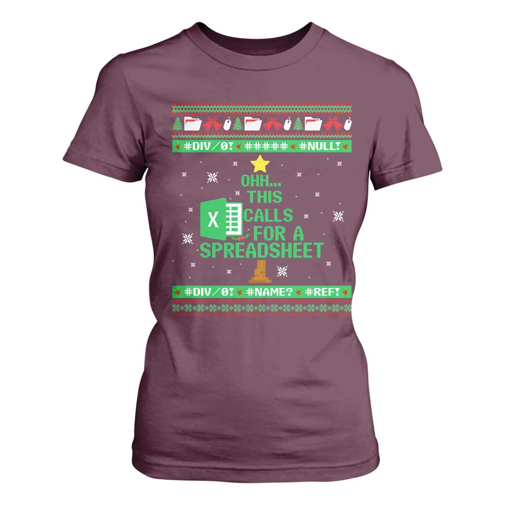 Funny Excel Christmas Tree T Shirt For Women This Calls for a Spreadsheet Xmas DIV0 Errors TS02 Maroon Print Your Wear
