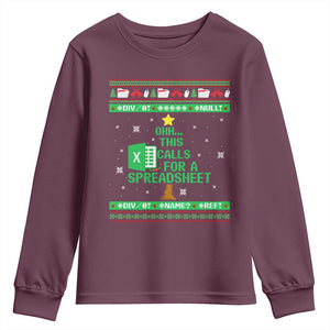 Funny Excel Christmas Tree Youth Sweatshirt This Calls for a Spreadsheet Xmas DIV0 Errors TS02 Maroon Print Your Wear