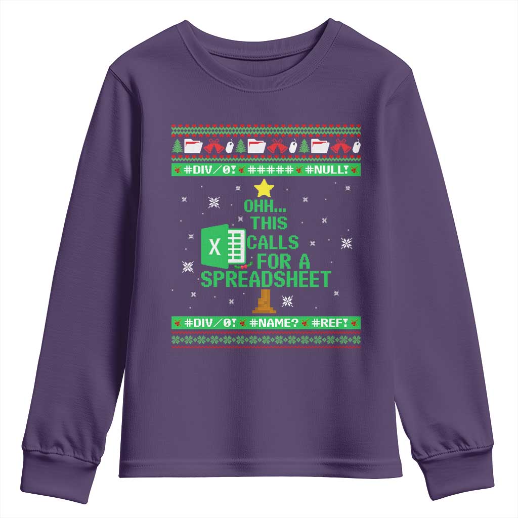 Funny Excel Christmas Tree Youth Sweatshirt This Calls for a Spreadsheet Xmas DIV0 Errors TS02 Purple Print Your Wear
