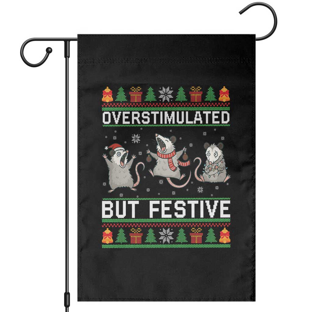 Overstimulated But Festive Opossum Christmas Garden Flag Funny Holiday Anxiety Gag Gift for Introverts TS02 Black Print Your Wear