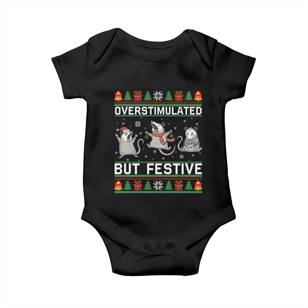Overstimulated But Festive Opossum Christmas Baby Onesie Funny Holiday Anxiety Gag Gift for Introverts TS02 Black Print Your Wear