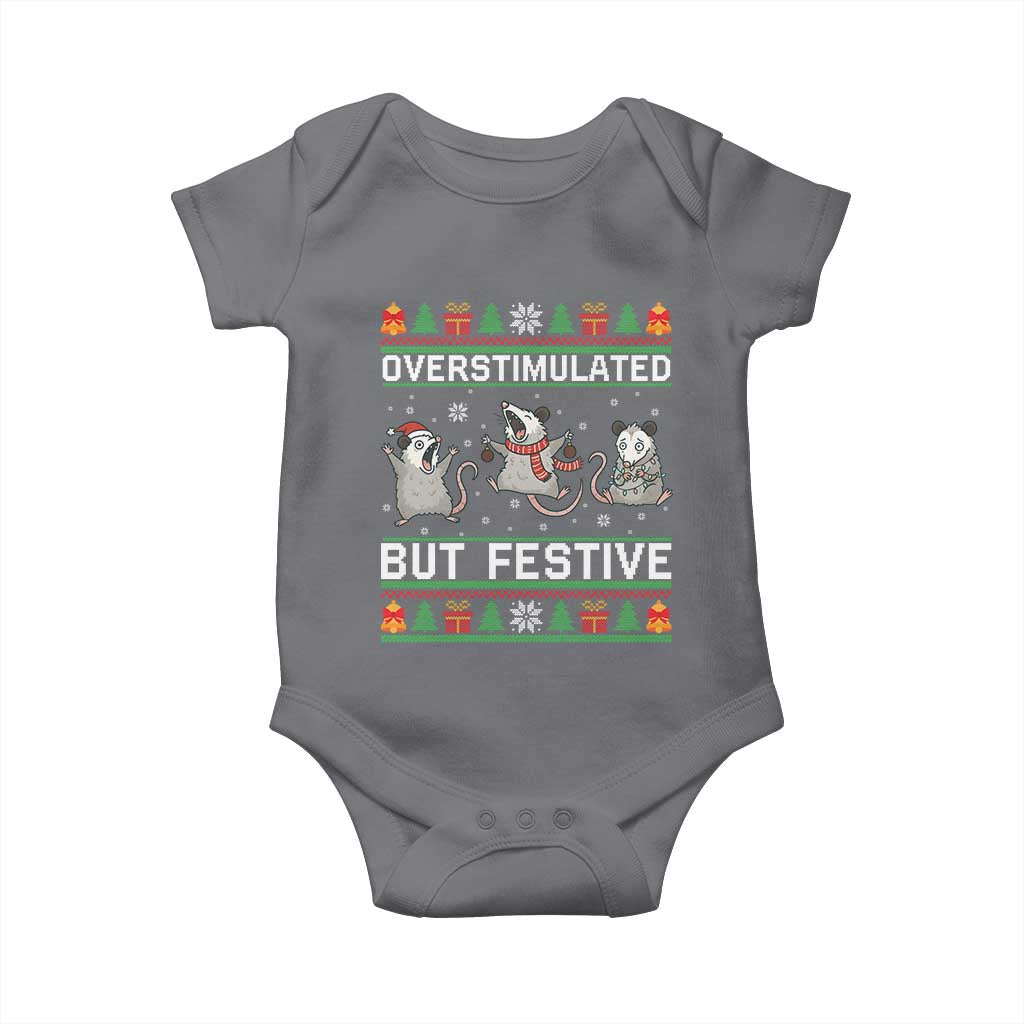Overstimulated But Festive Opossum Christmas Baby Onesie Funny Holiday Anxiety Gag Gift for Introverts TS02 Charcoal Print Your Wear