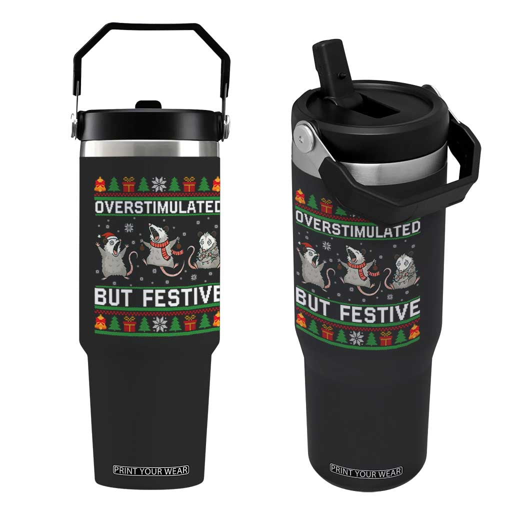 Overstimulated But Festive Opossum Christmas Flip Straw Tumbler Funny Holiday Anxiety Gag Gift for Introverts TS02 One Size: 30 oz Black Print Your Wear