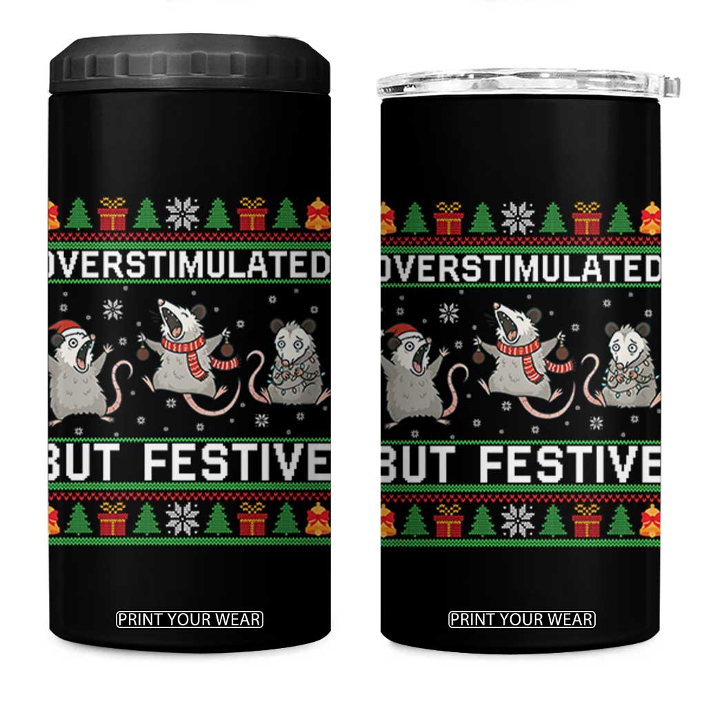 Overstimulated But Festive Opossum Christmas 4 in 1 Can Cooler Tumbler Funny Holiday Anxiety Gag Gift for Introverts TS02 One Size: 16 oz Black Print Your Wear