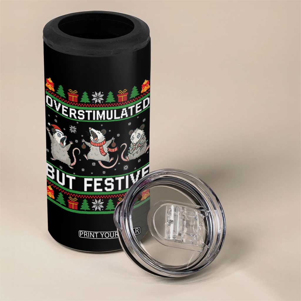 Overstimulated But Festive Opossum Christmas 4 in 1 Can Cooler Tumbler Funny Holiday Anxiety Gag Gift for Introverts TS02 Print Your Wear
