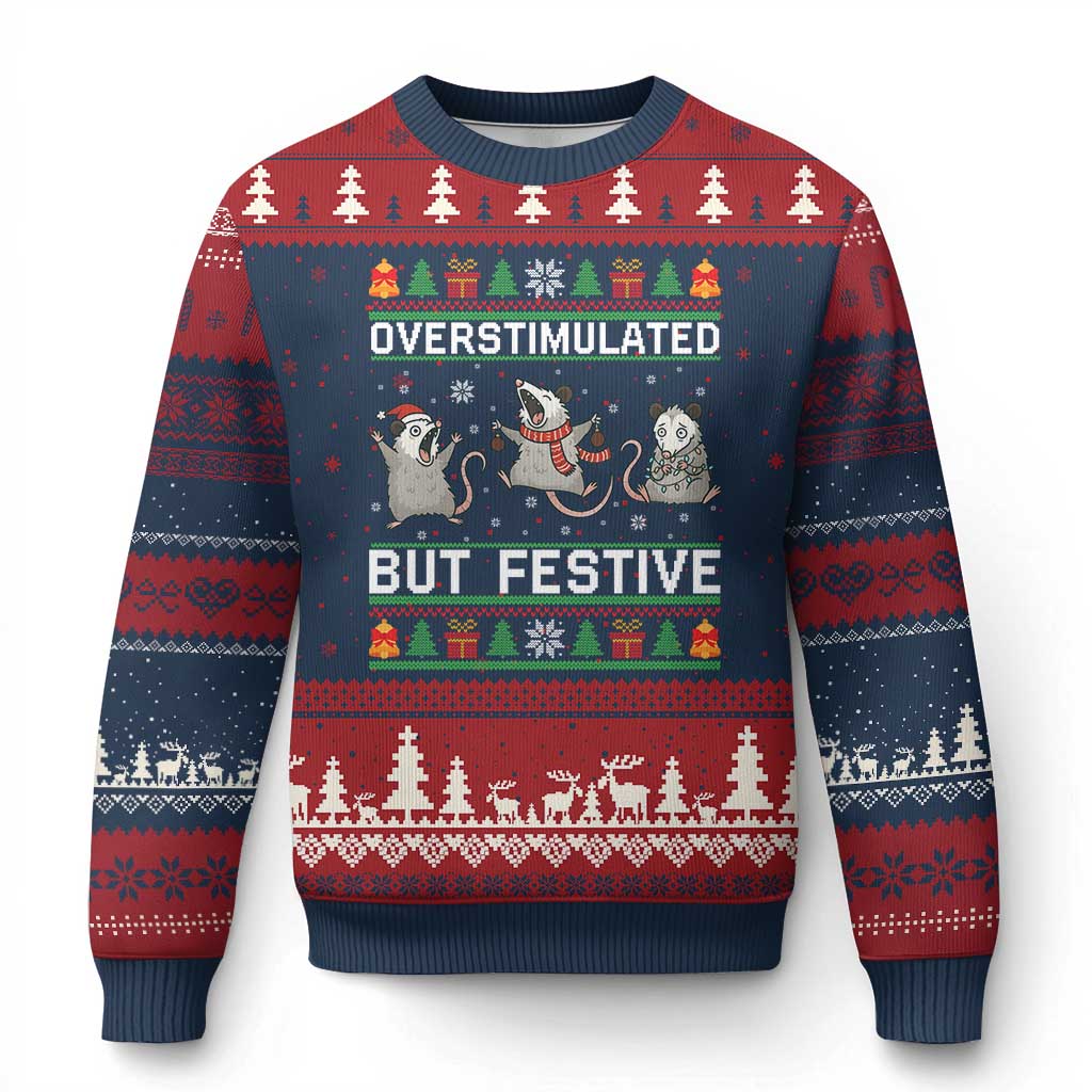 Overstimulated But Festive Opossum Xmas Ugly Christmas Sweater Funny Holiday Anxiety Gag Gift for Introverts TS02 Navy Red Print Your Wear