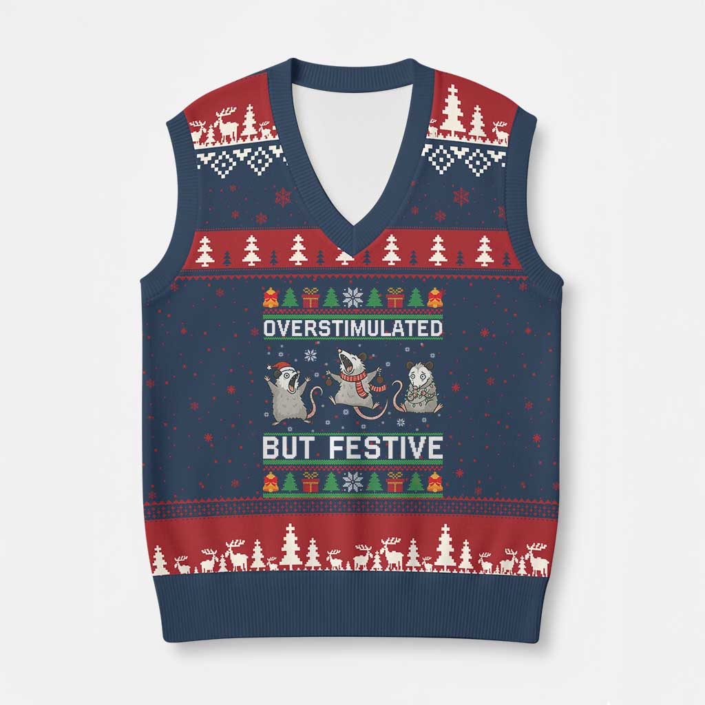 Overstimulated But Festive Opossum Xmas V-Neck Knit Sweater Vest Funny Holiday Anxiety Gag Gift for Introverts TS02 Navy Red Print Your Wear