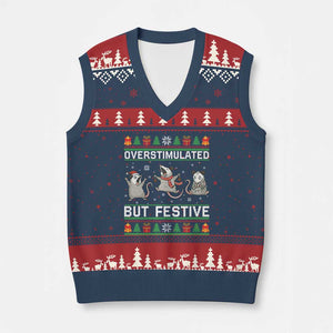 Overstimulated But Festive Opossum Xmas V-Neck Knit Sweater Vest Funny Holiday Anxiety Gag Gift for Introverts TS02 Navy Red Print Your Wear